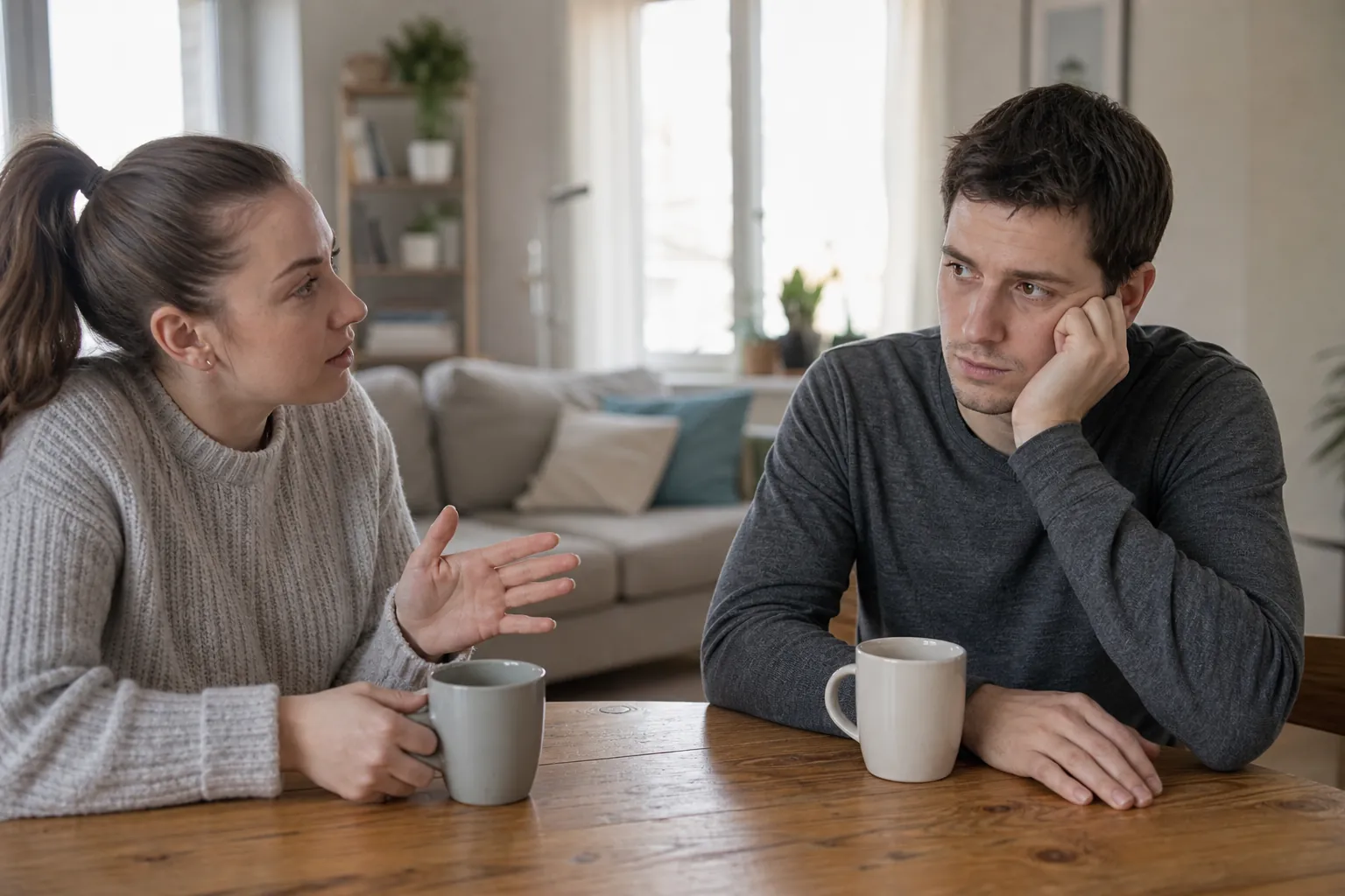 Woman Talking to a Distracted-Looking Man at a Table A woman gestures while talking to a man resting his cheek on his hand at a wooden table with two mugs.