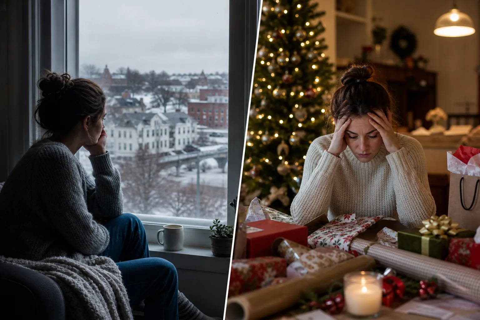 Winter Sadness and Holiday Stress in Two Scenes Split scene of a woman gazing out at a snowy town and a woman holding her temples beside Christmas gifts and a lit tree.
