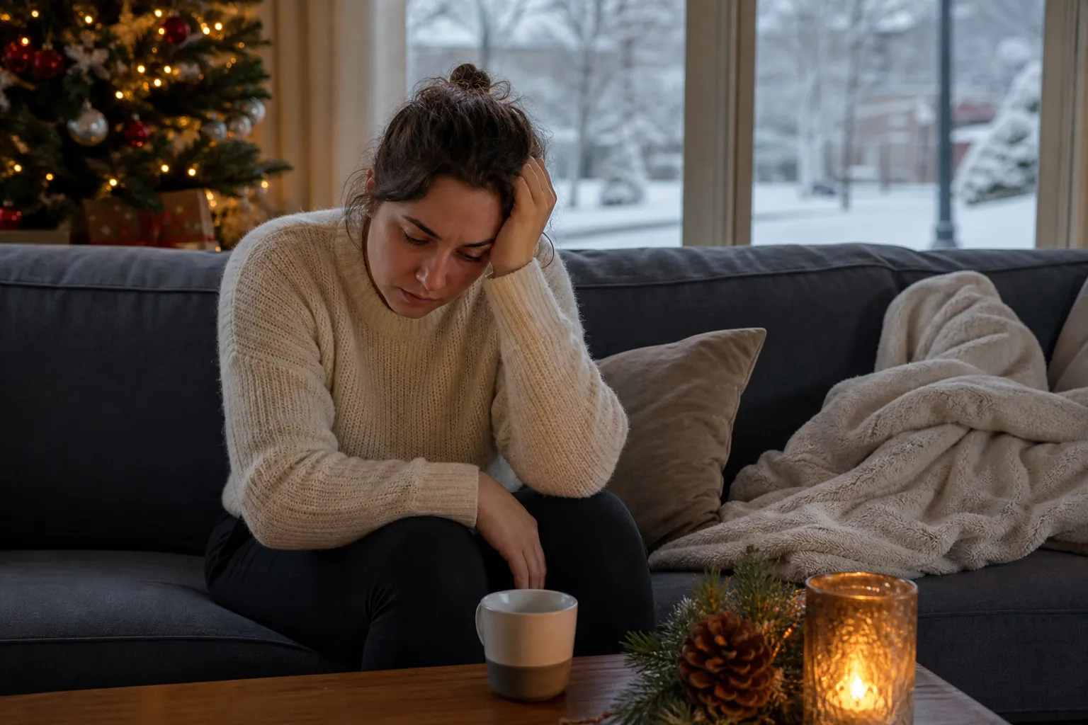 Woman Looking Down on a Sofa Beside a Christmas Tree A woman sits hunched on a sofa with her hand against her head beside a Christmas tree, with snow visible outside.