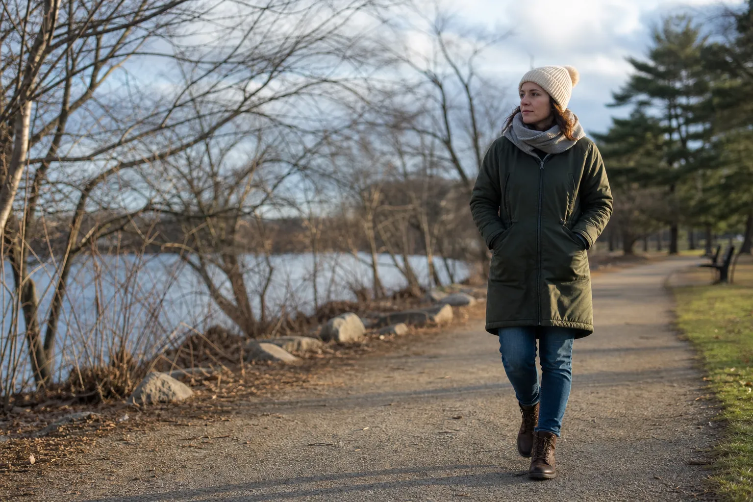 Woman walking beside a river in winter Woman walking beside a river in winter