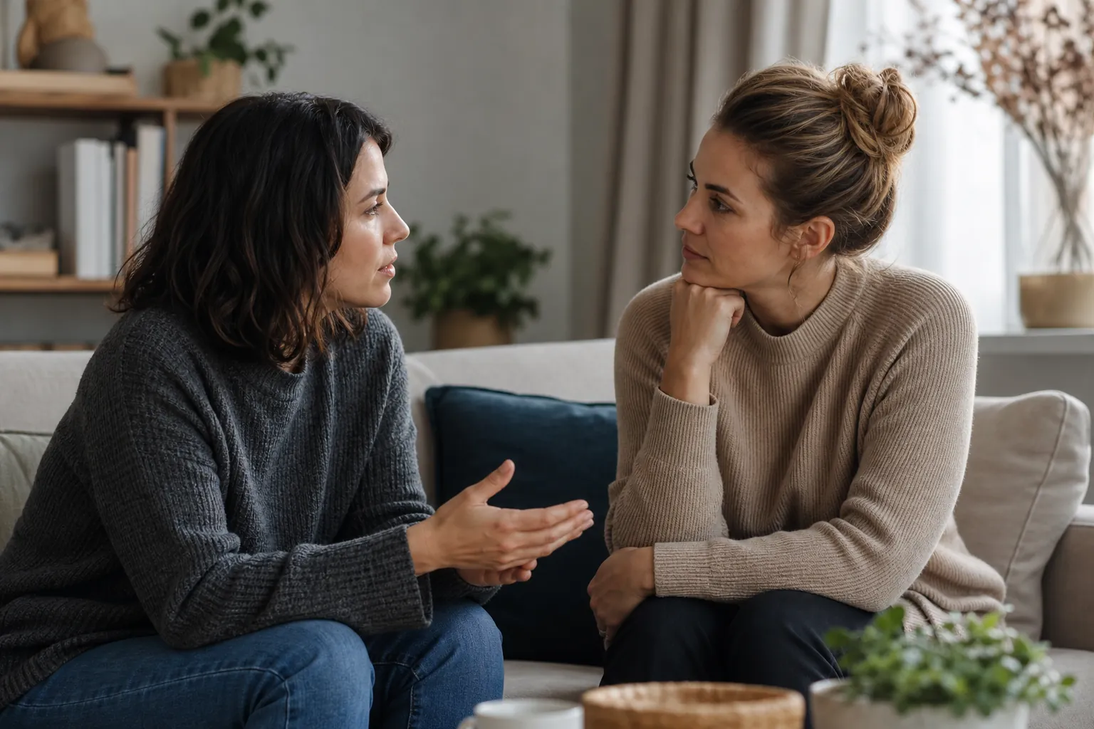 Two women talking on a sofa Two women talking on a sofa
