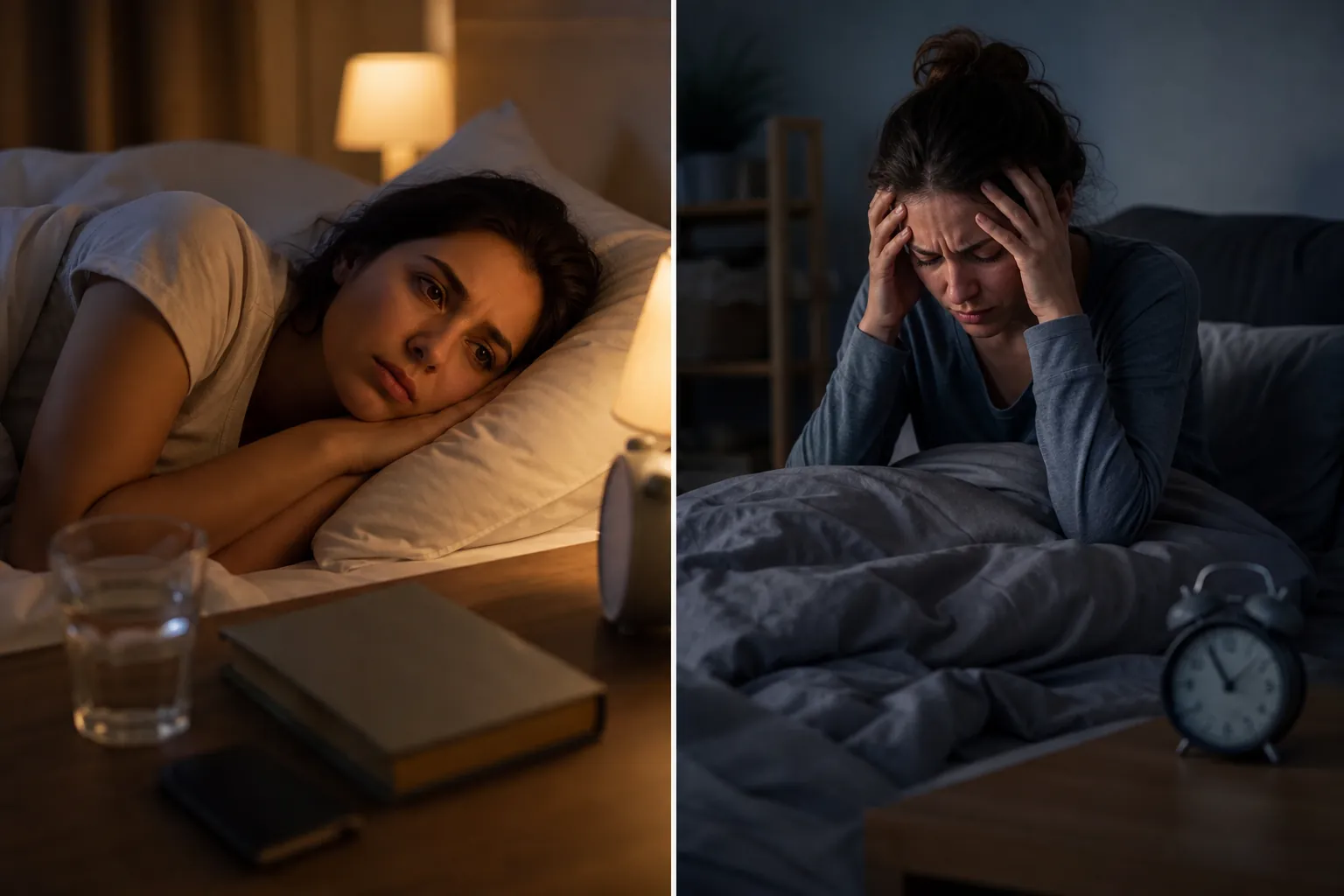 Split view of a woman lying awake in a warmly lit bed and a woman sitting in bed holding her temples beside an alarm clock.
