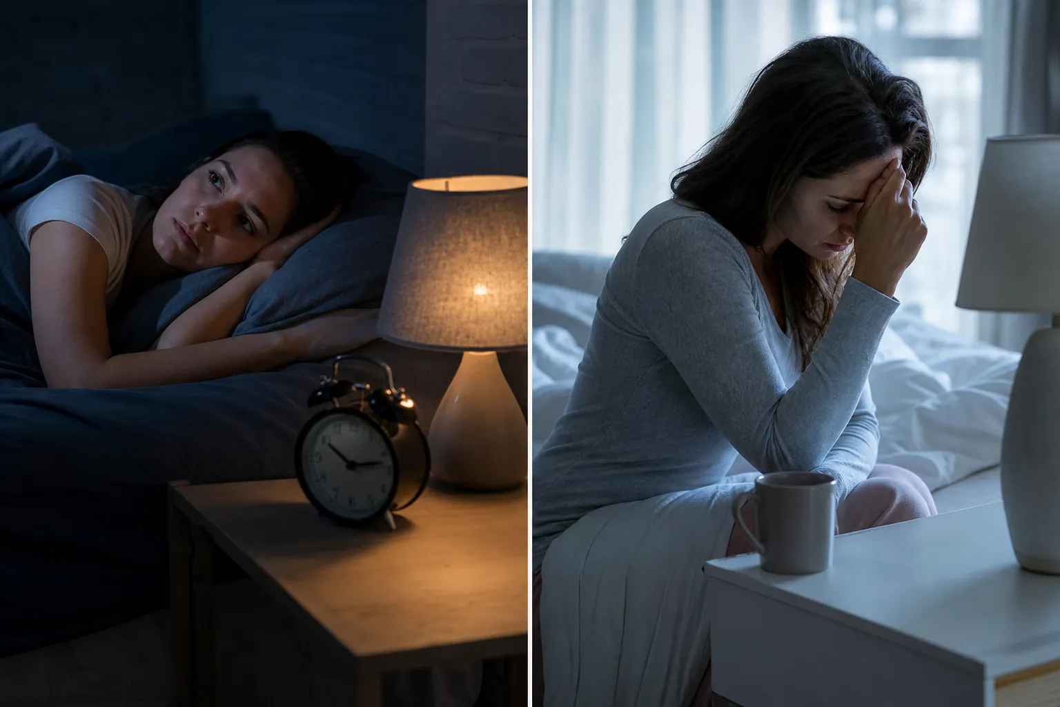 Split view of a woman lying awake beside an alarm clock at night and a woman sitting on a bed with her hand against her forehead.