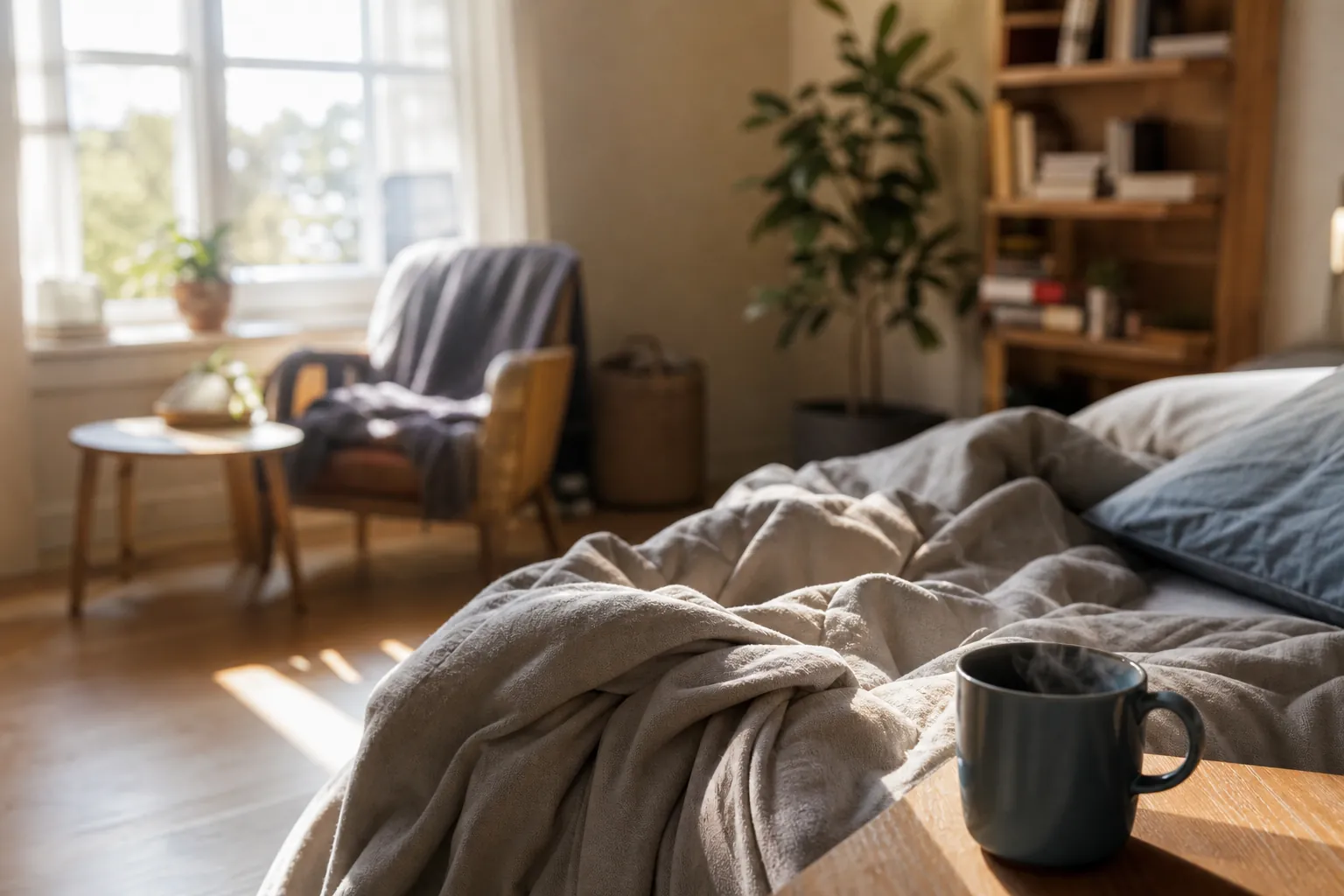 Unmade bed in a sunlit room