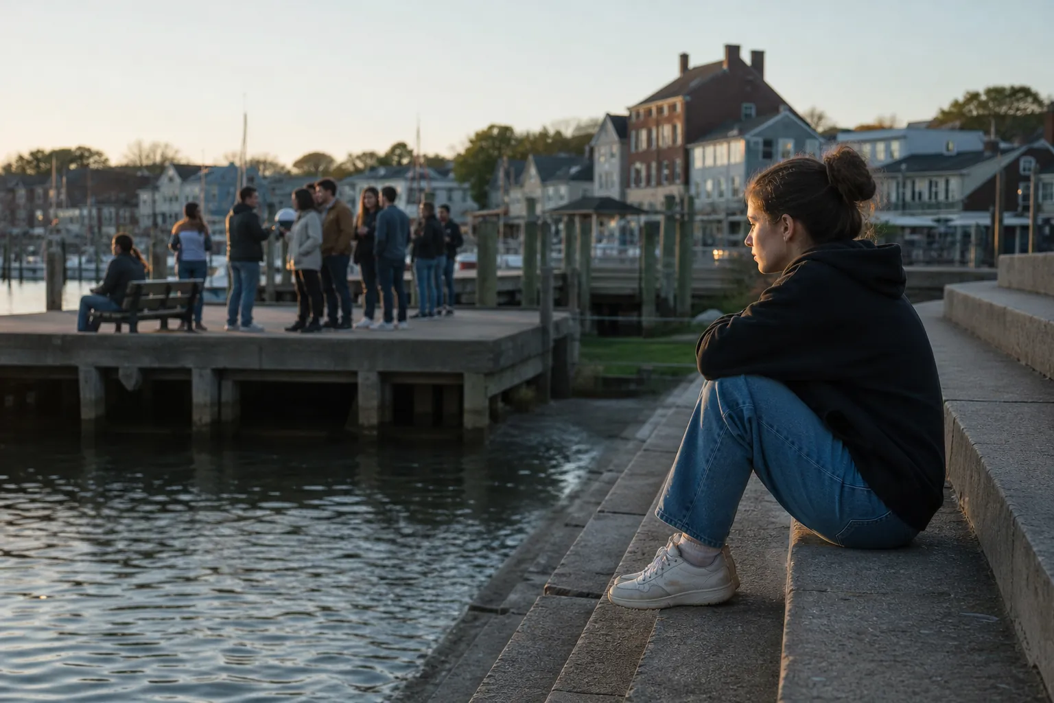 Person seated near a waterfront gathering Person seated near a waterfront gathering