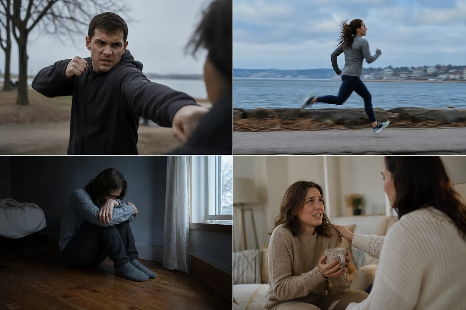 Four scenes representing fight, flight, freeze, and fawn responses Four-panel collage showing a man fighting, a woman running, a woman curled up alone, and two women seeking comfort.