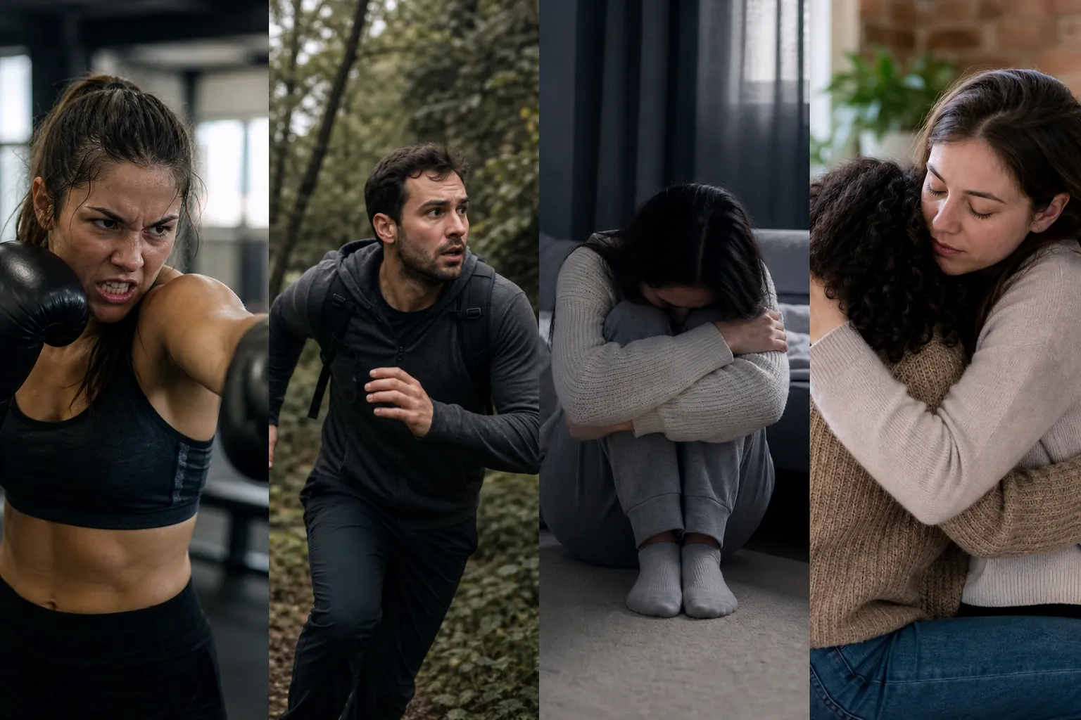Four visual examples of fight, flight, freeze, and fawn responses Four panels show a woman boxing, a man running, a woman curled up, and two women embracing.