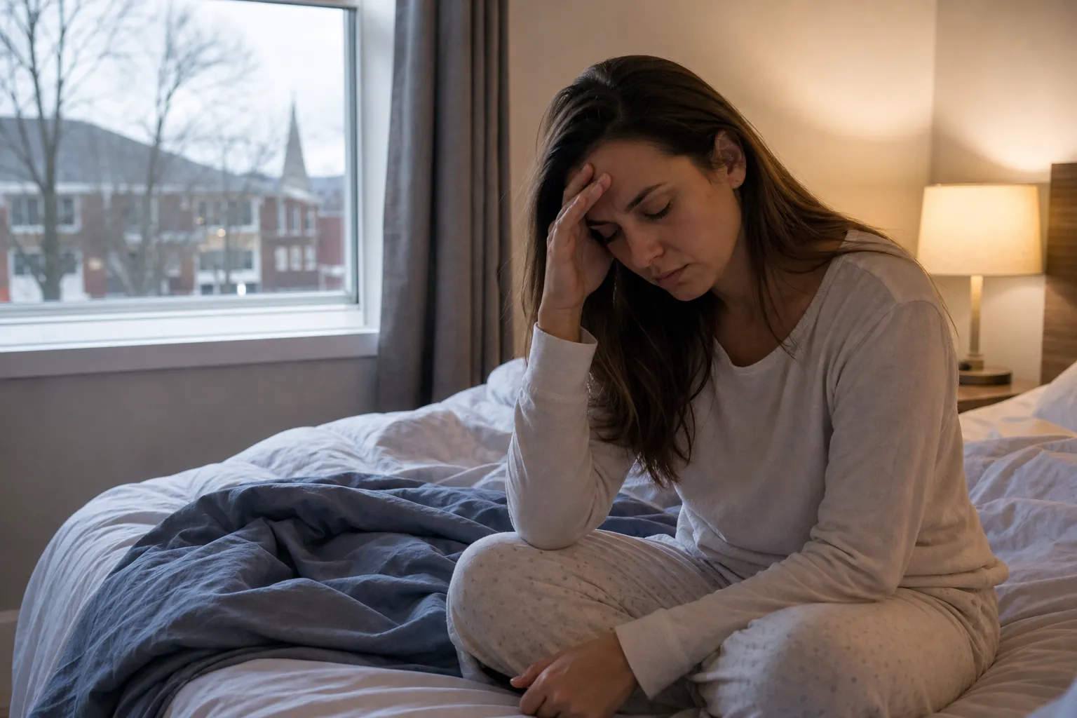 Woman sitting on a bed with a hand to her forehead