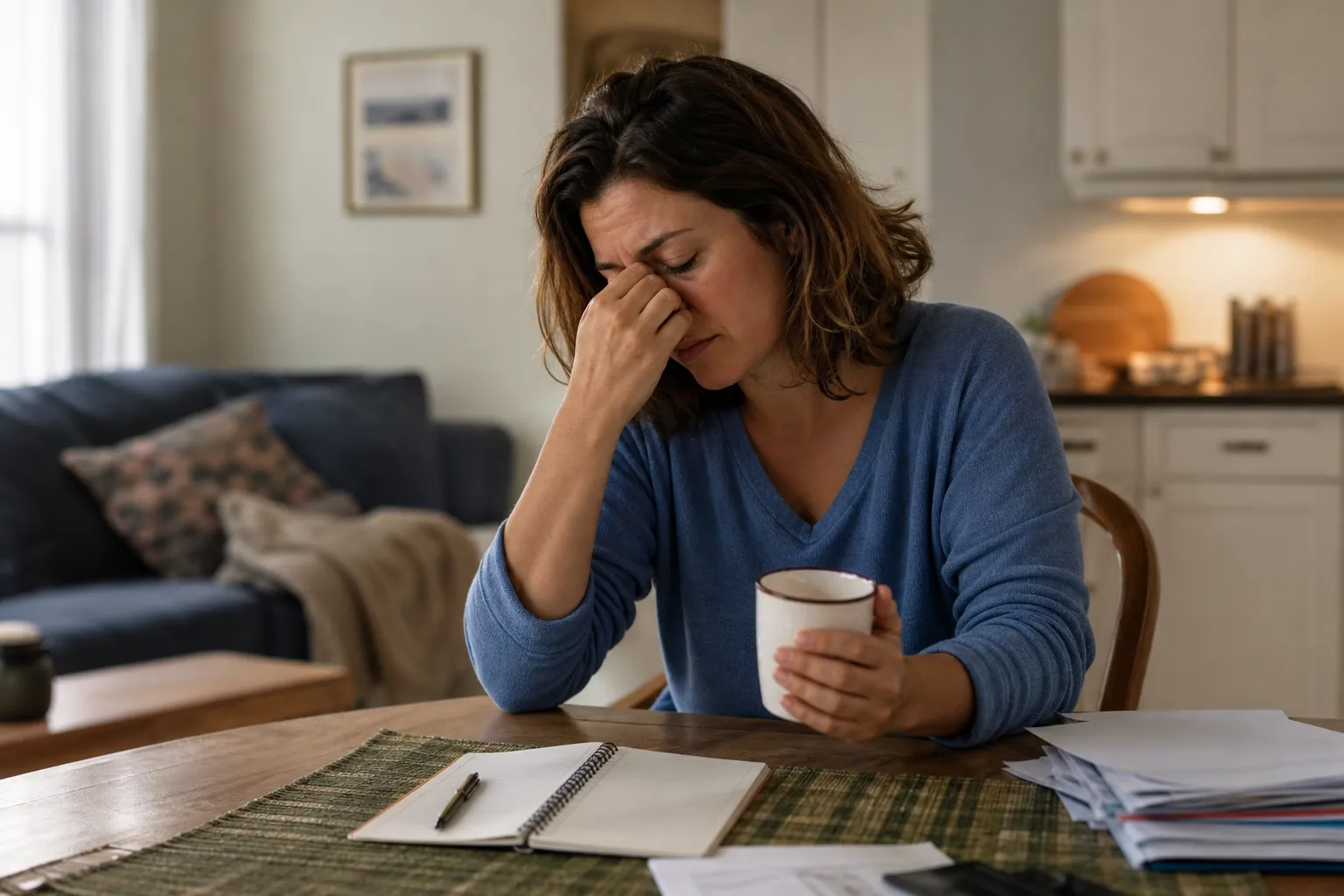 Woman holding a mug with a hand to her forehead