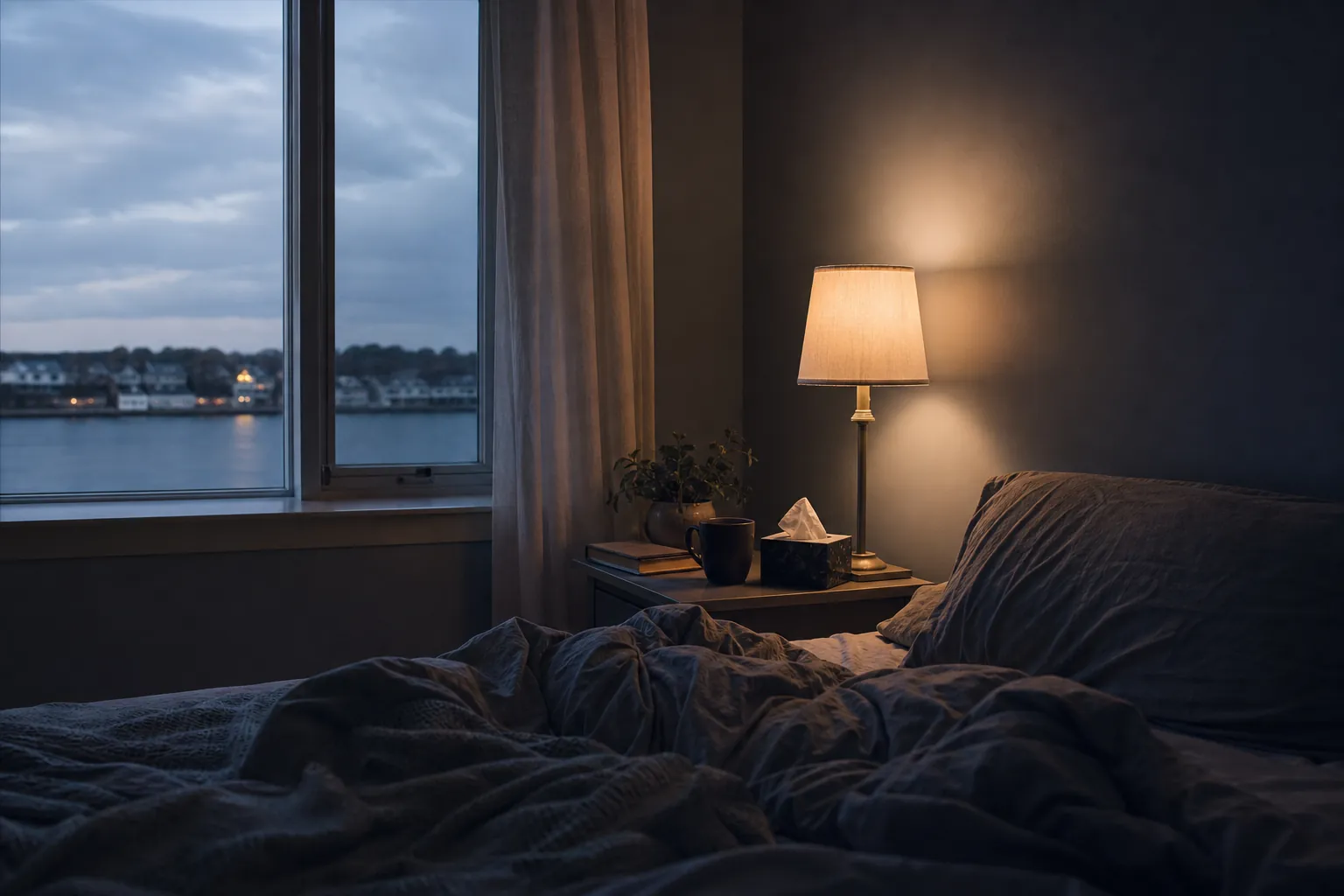 Unmade bed beside a bedside lamp