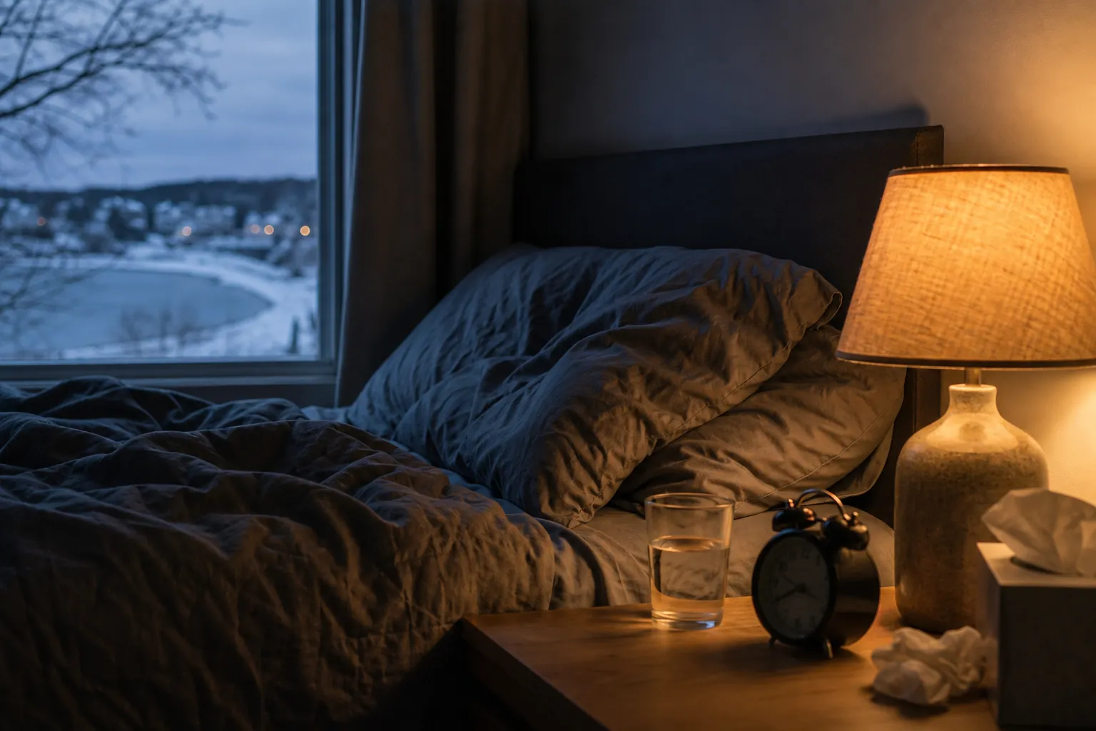Bedside clock beside an unmade bed