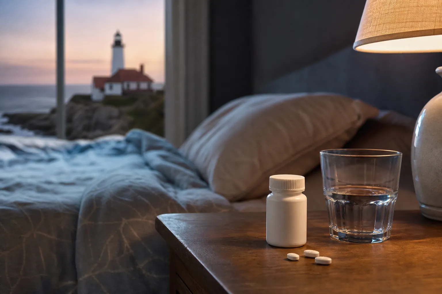 Medicine bottle and tablets beside a glass of water Medicine bottle and tablets beside a glass of water