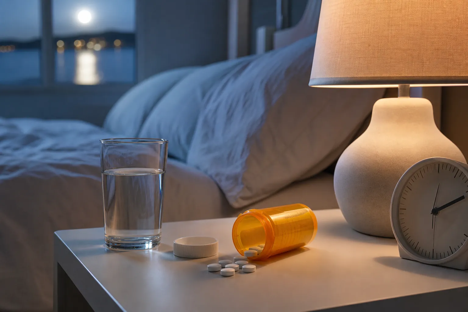 Open medicine bottle beside a bedside clock Open medicine bottle beside a bedside clock