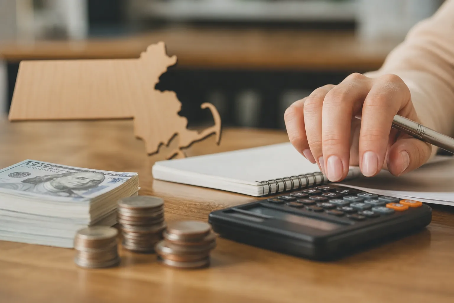Hand using a calculator beside a notebook, cash, coins, and a wooden Massachusetts cutout on a desk.