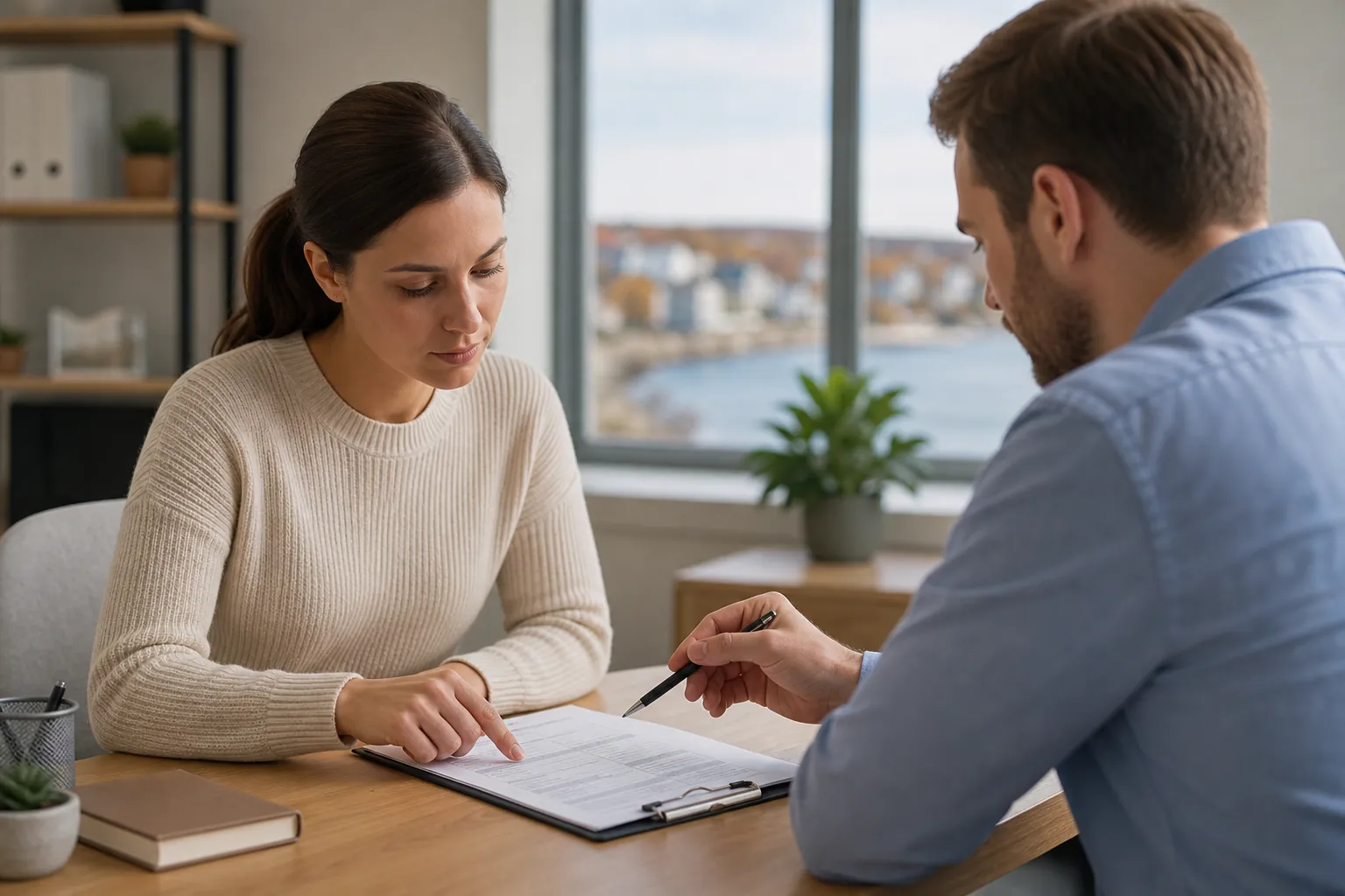 A woman and an adviser review paperwork on a clipboard during an office meeting about benefits.