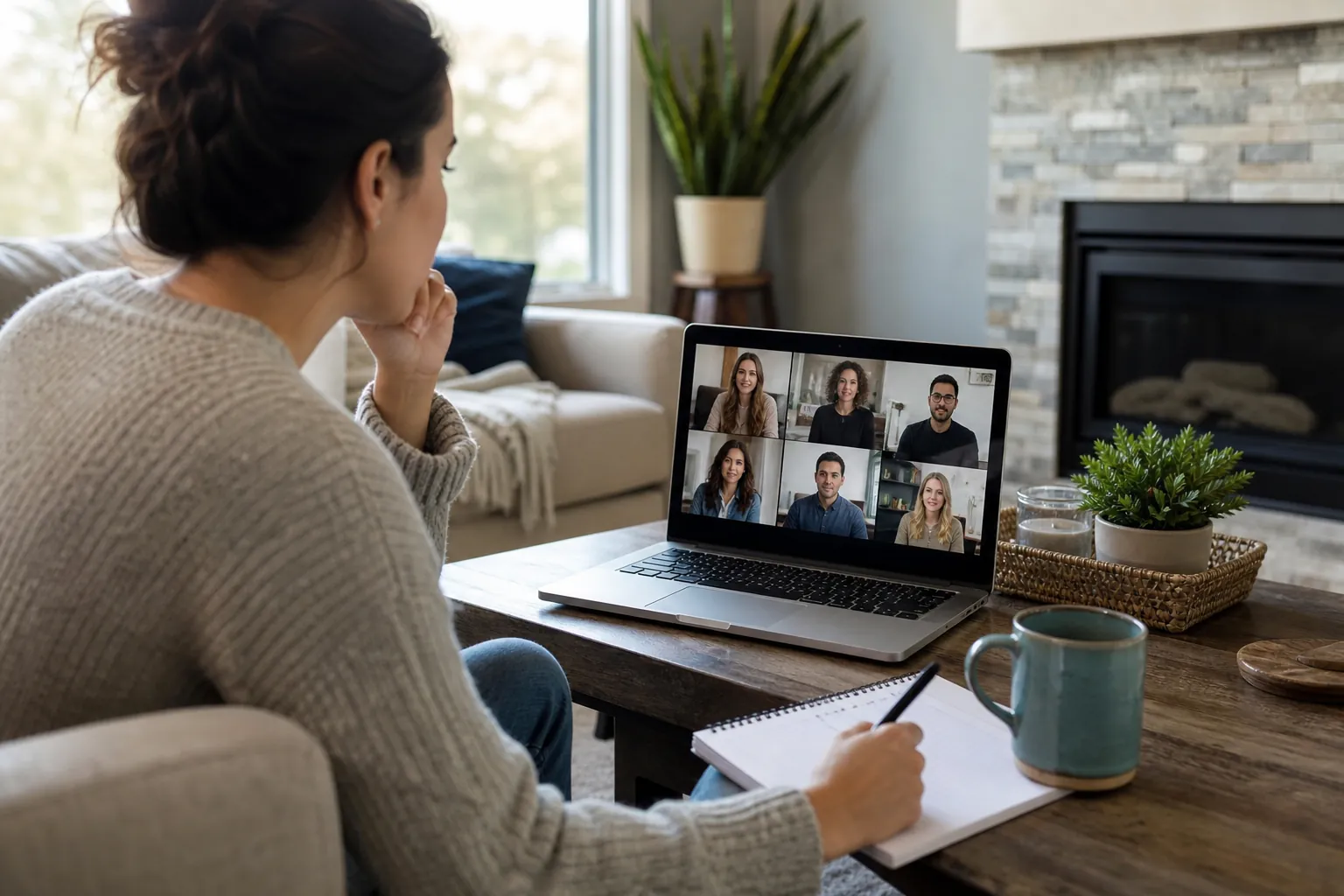Woman taking notes at a coffee table while six participants appear in a virtual group meeting on her laptop.