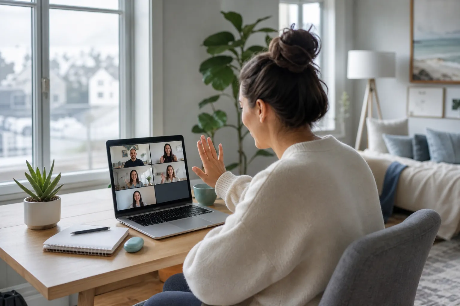 Woman at a home desk waves to five participants on a laptop video call beside a notebook, mug, and plant.