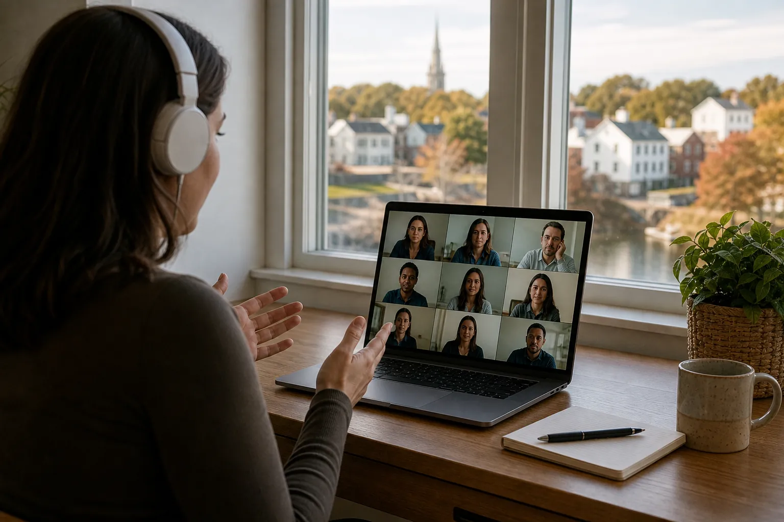 A person wearing headphones gestures during a nine-person video call on a laptop beside a window overlooking a river.