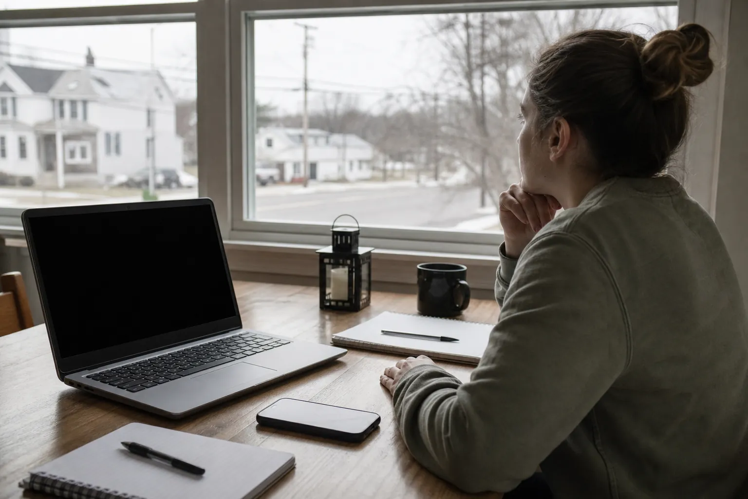 Woman Beside a Dark Laptop Screen and Smartphone A woman sits by a window with a dark laptop screen, smartphone, notebooks, pens, and a mug on a wooden table.