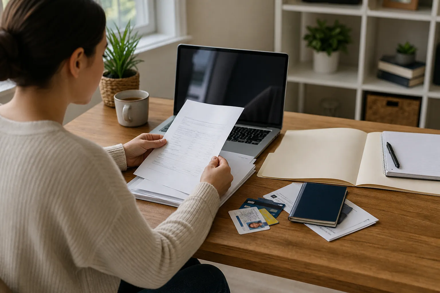 Documents Ready for Virtual IOP Orientation Woman reviewing forms beside a laptop, identification cards, passport, notebook, and folder on a desk.