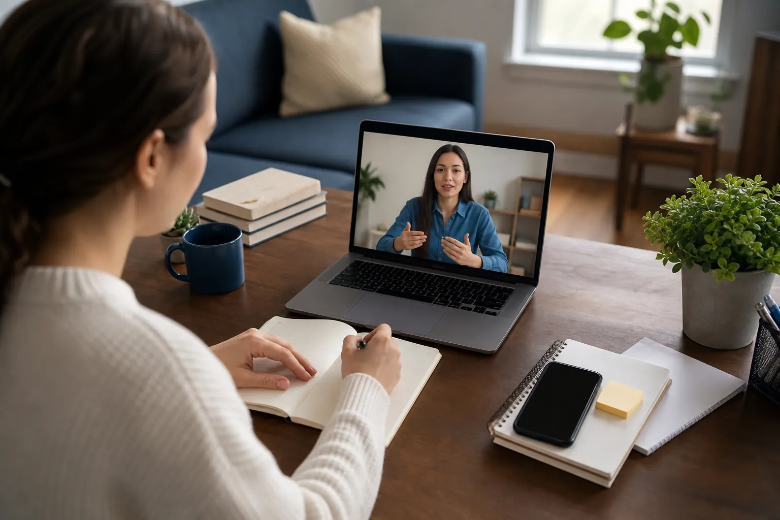 Taking Notes During a Virtual IOP Orientation A woman takes notes at a desk while speaking with an orientation presenter by video call on a laptop.