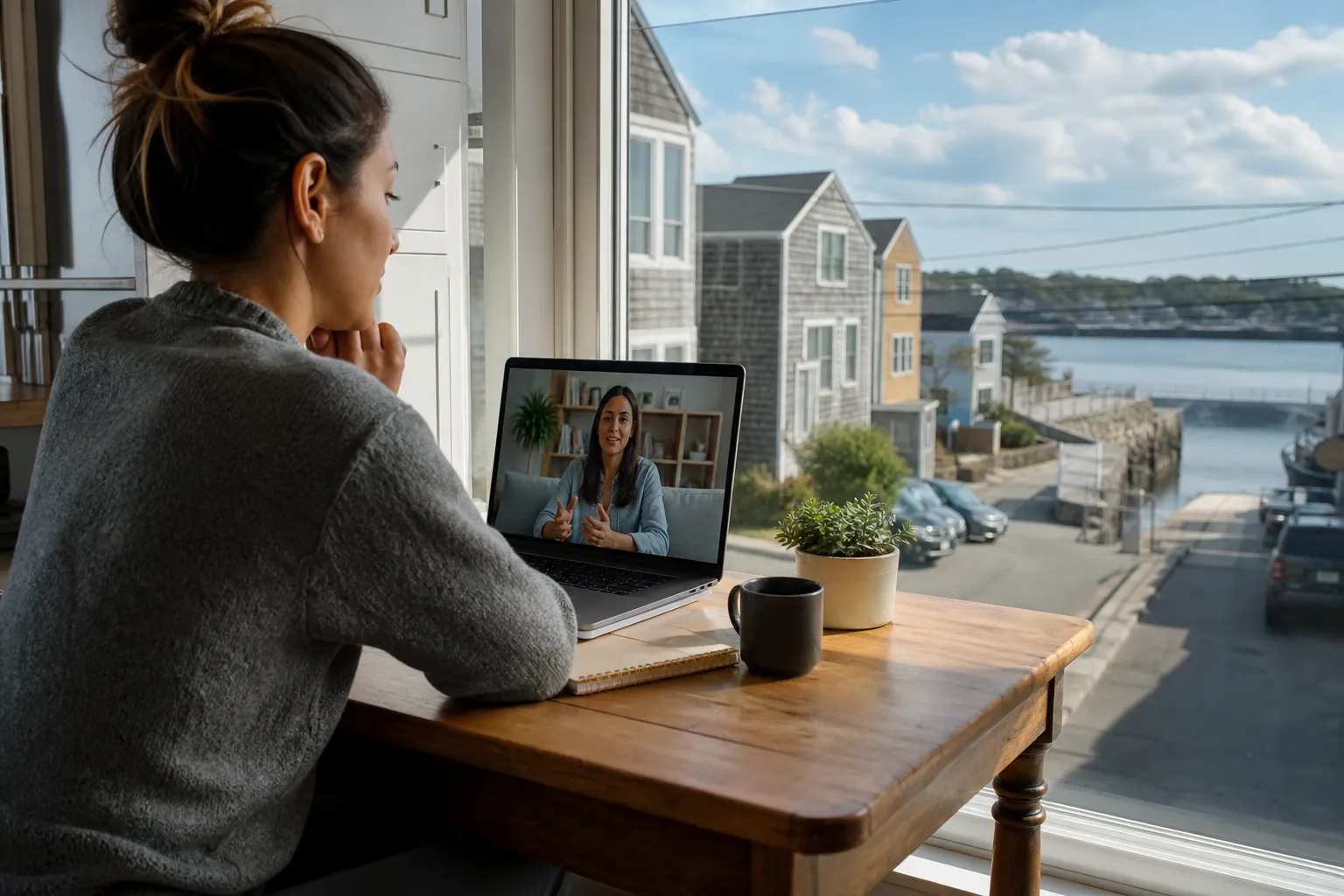 Laptop Video Call Beside a Waterfront Window A woman joins a laptop video call at a wooden table beside a window overlooking waterfront homes and a street.