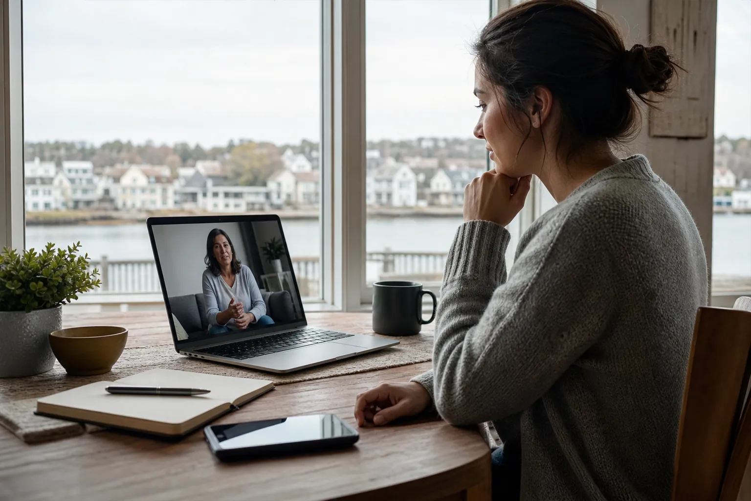 Woman on a Video Call Beside a Waterfront Window A woman sits at a wooden table on a laptop video call with another woman, beside a window overlooking waterfront houses.