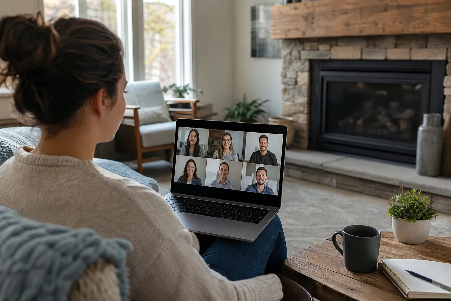 Virtual IOP Group Therapy Session From Home Woman at home participating in a six-person virtual group therapy session on a laptop beside a coffee table.