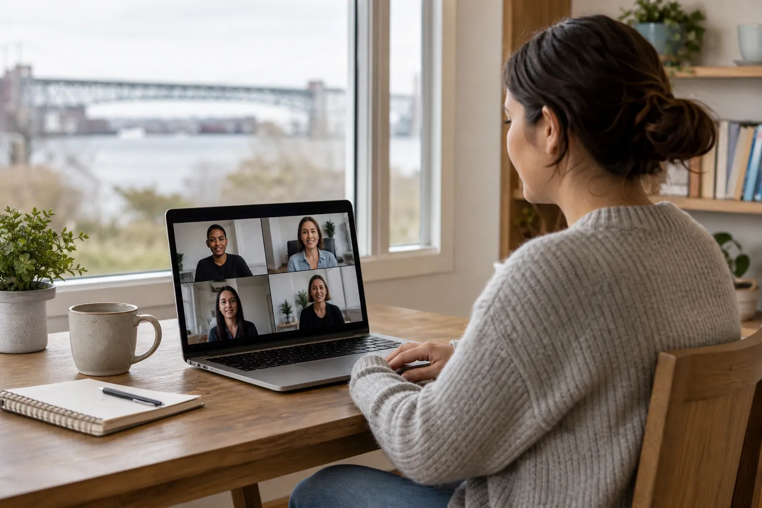 Woman Attending a Virtual Group Care Session From Home Woman at a home desk joining a four-person virtual group session on a laptop beside a notebook and mug.