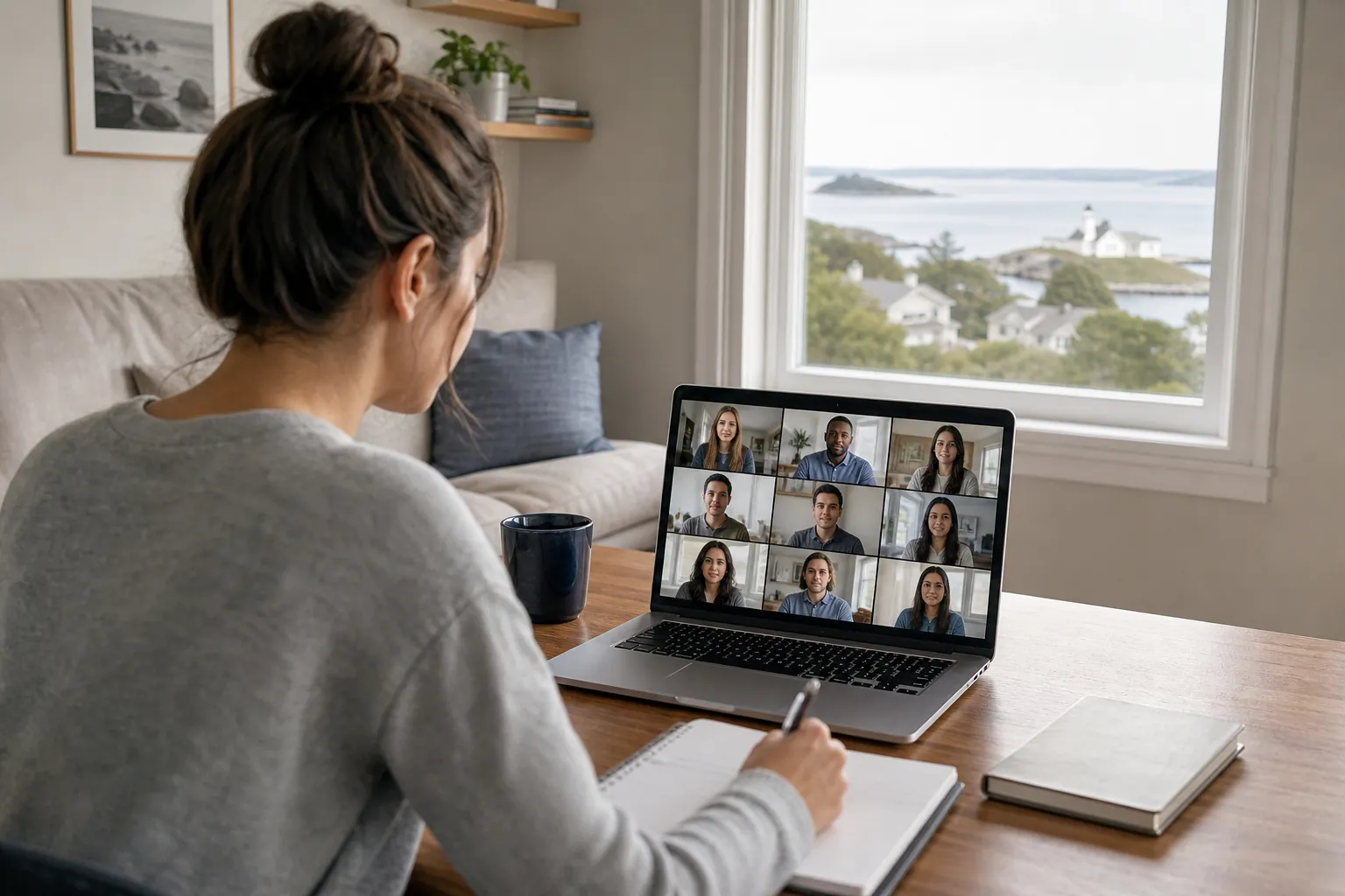 Joining a Virtual IOP Group Session from Home Woman takes notes at a table while joining a virtual group session on her laptop in a coastal home.