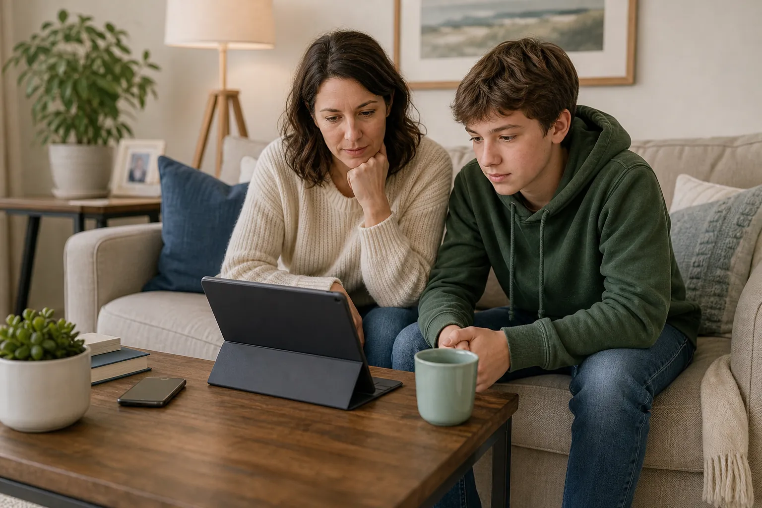 A woman and a teenage boy sit on a living room sofa looking at a shared tablet, with a phone and mug on the coffee table.
