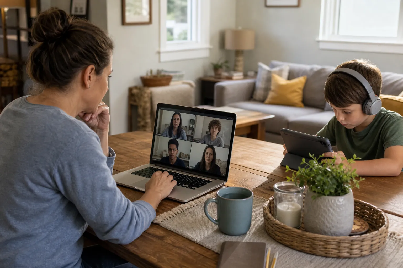 A woman joins a four-person video call on a laptop while a child wearing headphones uses a tablet at the same wooden table.