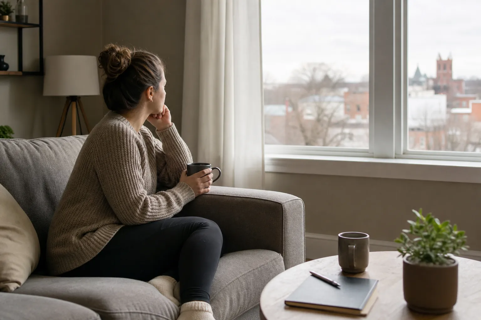 Woman holding a mug while seated on a gray sofa and looking through a large window toward a city skyline.