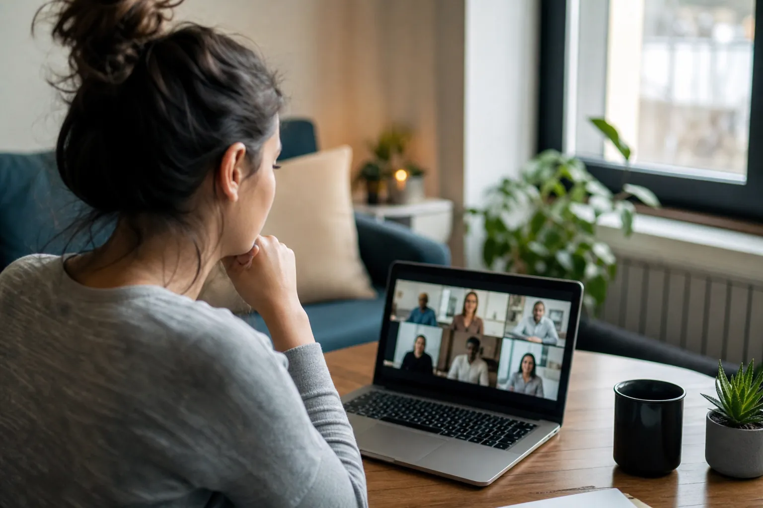 Woman seated at home viewing six participants in a virtual mental health support session on a laptop