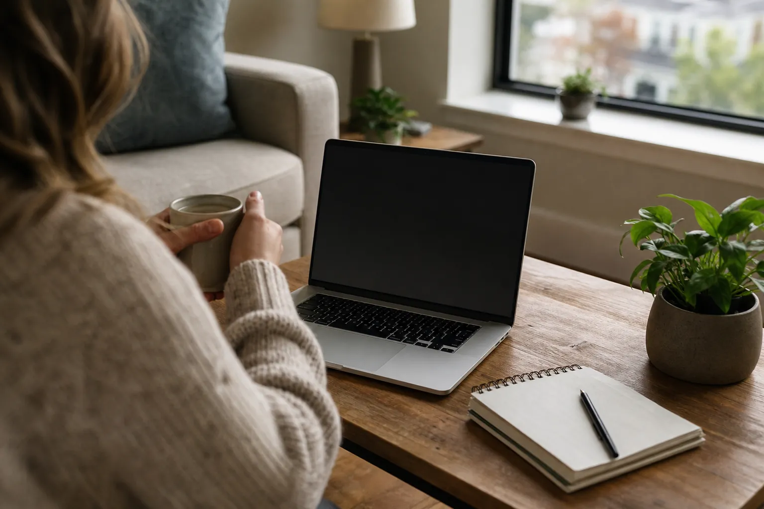 Adult holding a mug beside an open laptop and blank notebook at a home table, suggesting virtual mental health support.