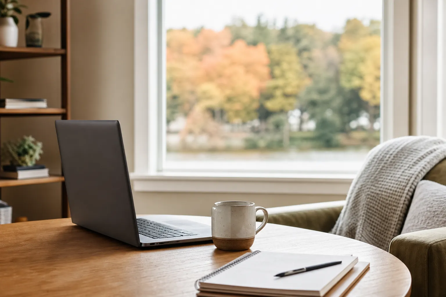 Open laptop, coffee mug, notebook, and pen on a table beside a window overlooking autumn trees and water.