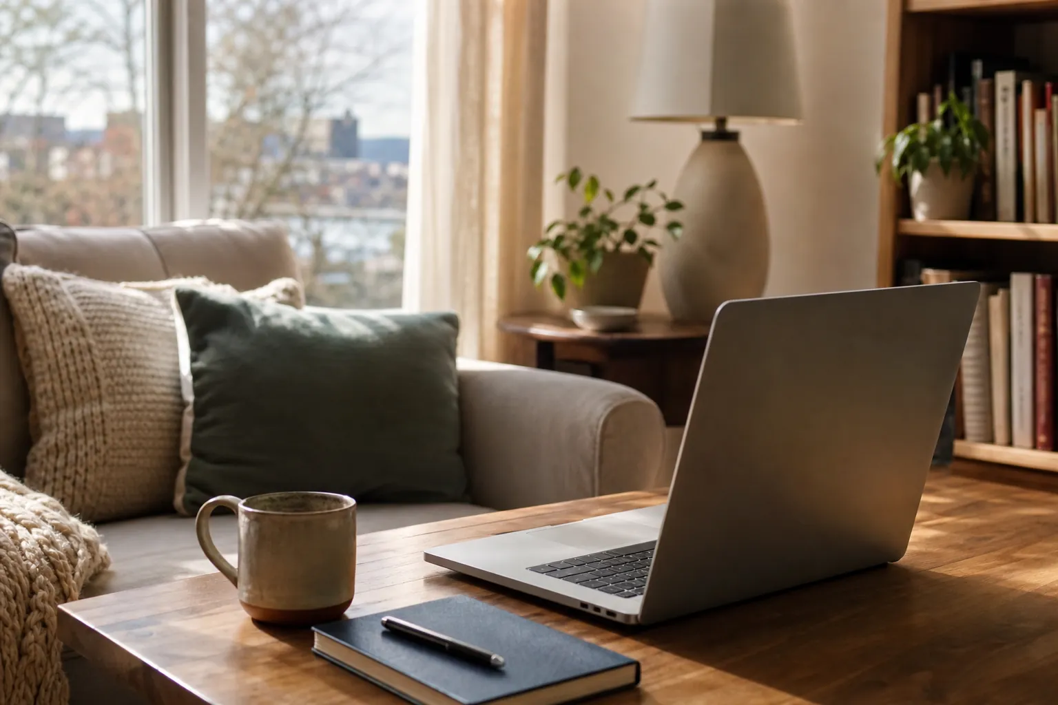 Sunlit home setup for virtual mental health support Open laptop, mug, notebook, and pen on a coffee table in a sunlit living room set up for virtual care.