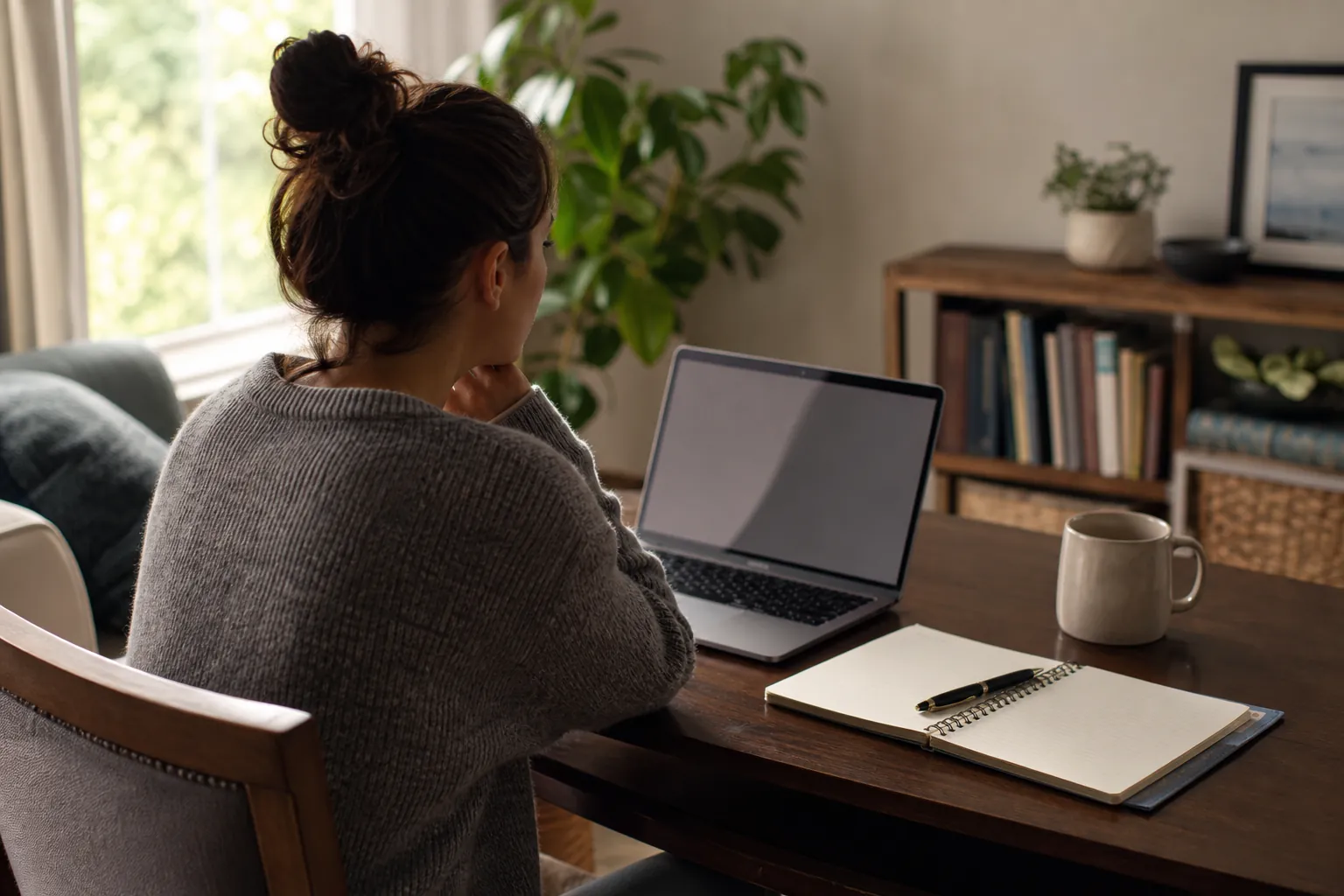 Woman using a laptop for virtual mental health support Woman seated at a home desk with an open laptop, notebook, pen, and mug in a plant-filled living room.