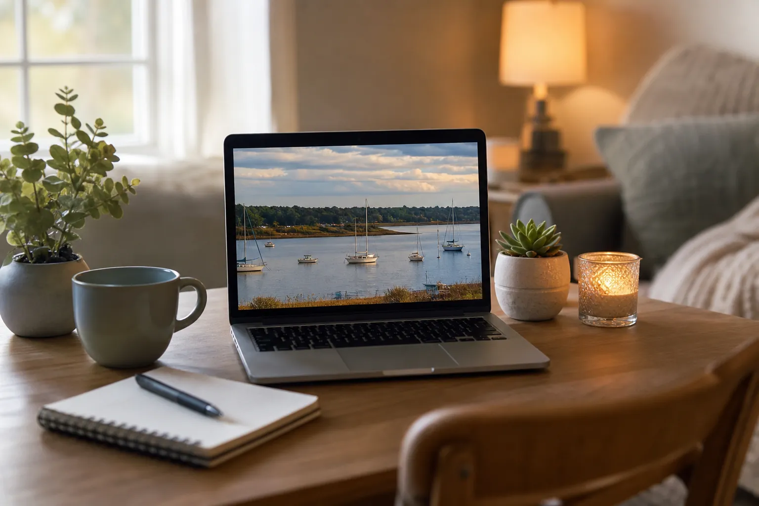 Laptop displaying a harbor with sailboats on a cozy home table beside a notebook, mug, plants, and candle