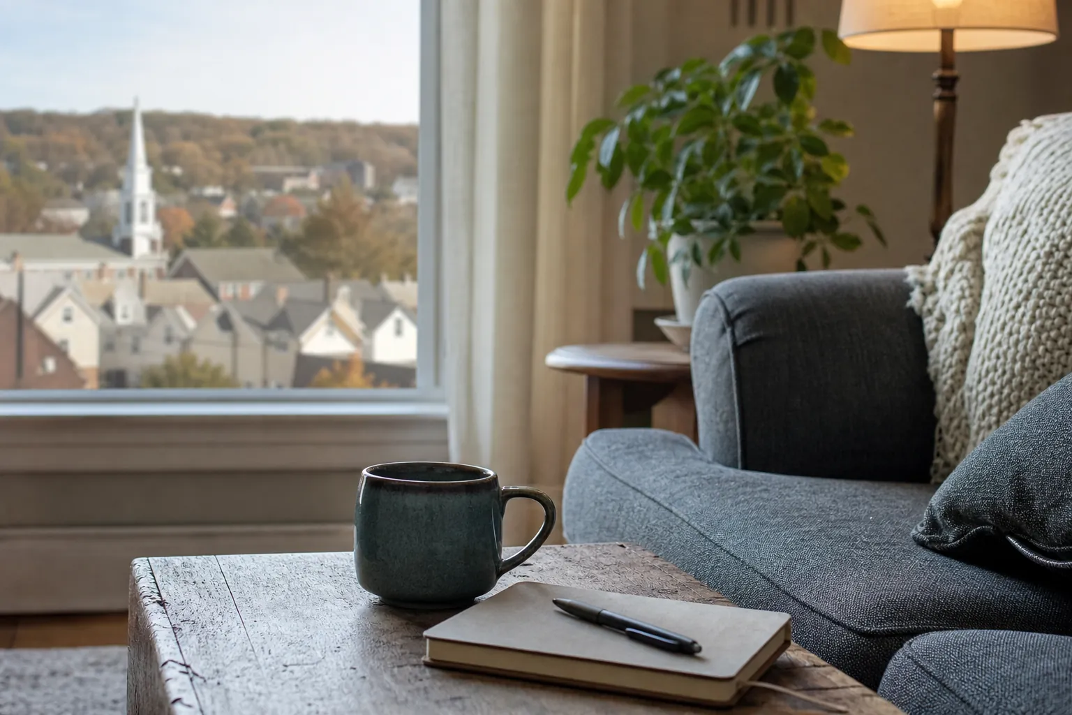 Cozy living room with a mug, notebook and pen on a coffee table beside a sofa overlooking a small town.