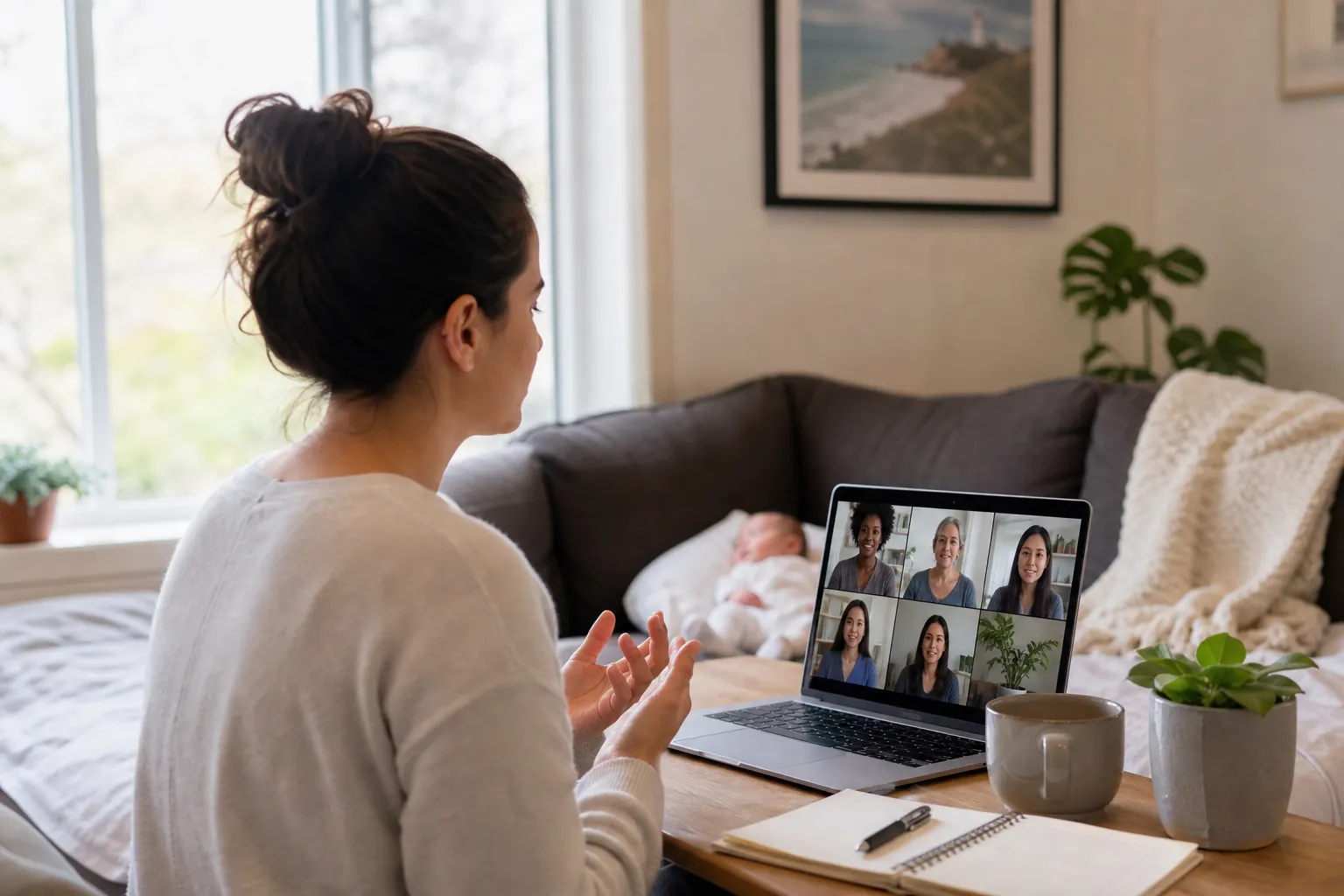 Virtual Group Therapy Session During Postpartum Care Mother joins a virtual group therapy session on a laptop while her baby rests on the sofa beside her.