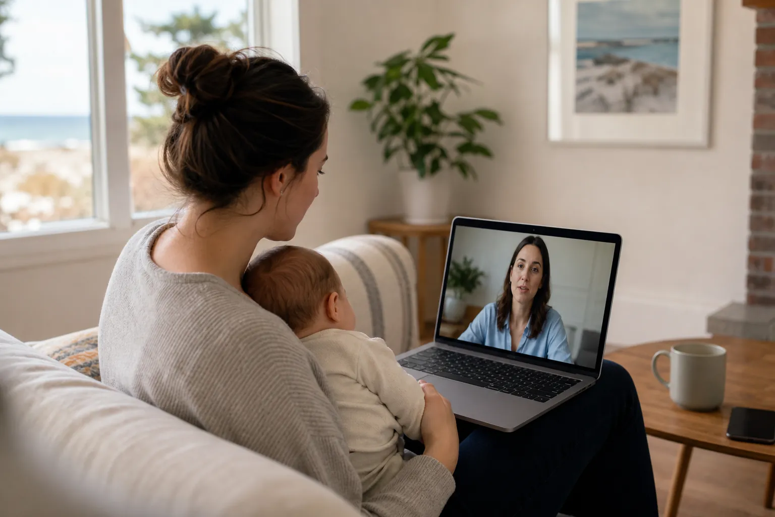 Mother and baby attending a virtual care session A mother holding her baby on a sofa speaks with a female care provider through a video call on a laptop.