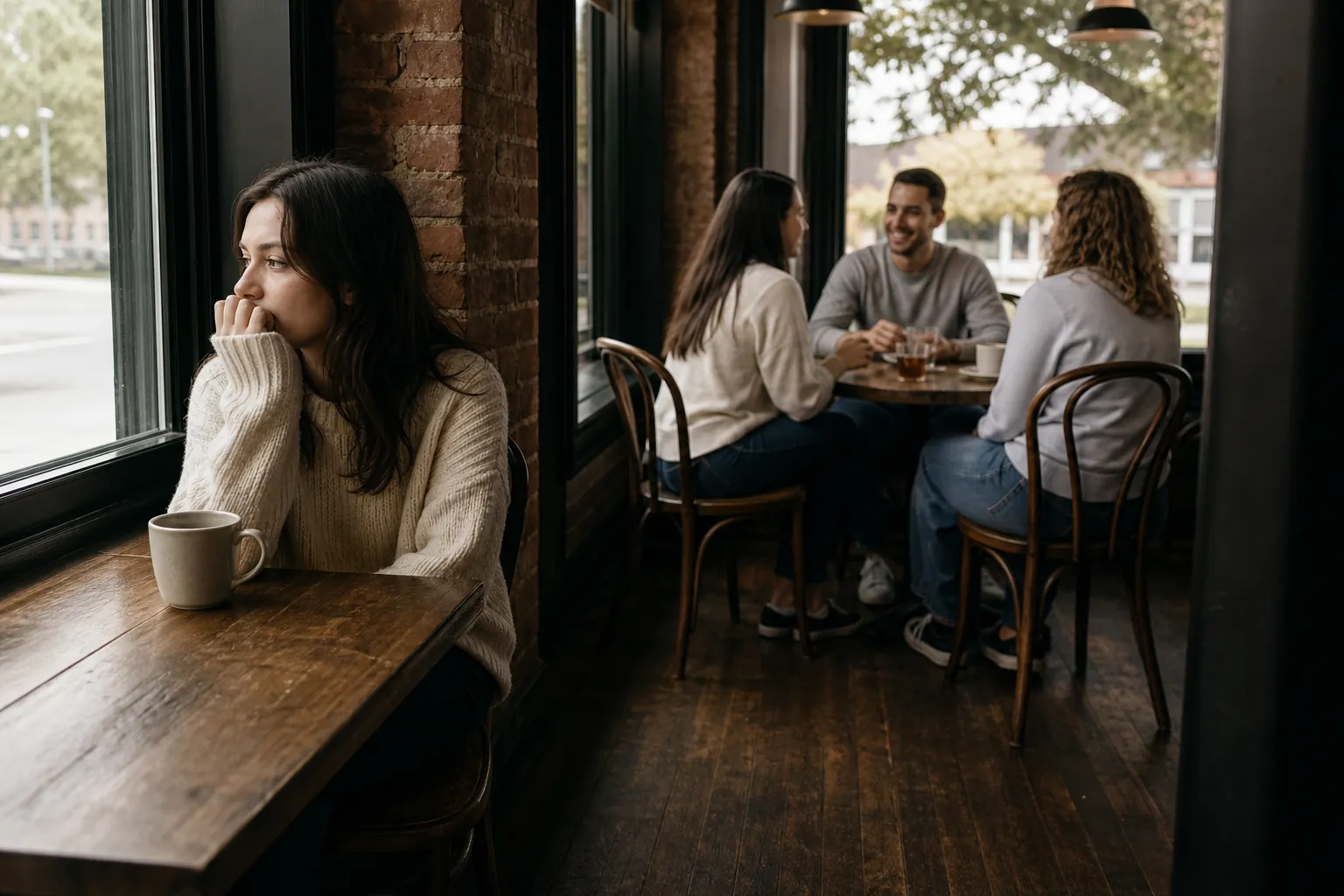 Sitting Alone Beside a Cafe Conversation A woman sits alone by a cafe window with her hand near her mouth while three people converse at a nearby table.