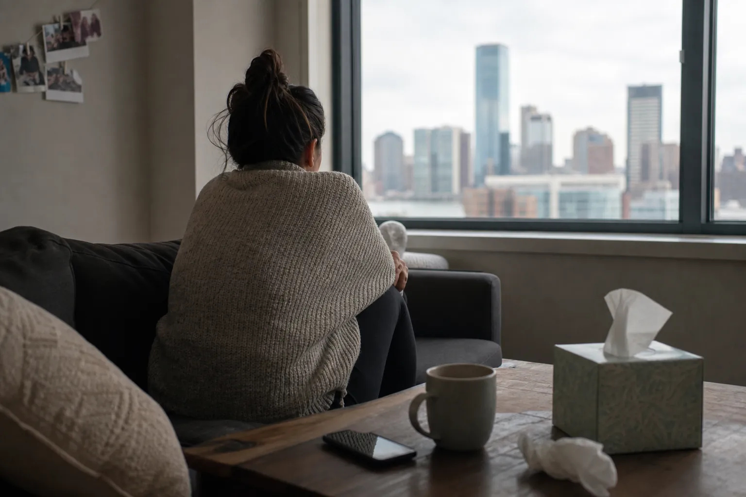 A woman wrapped in a blanket sits alone by a window, with tissues, a mug, and a phone on the table.