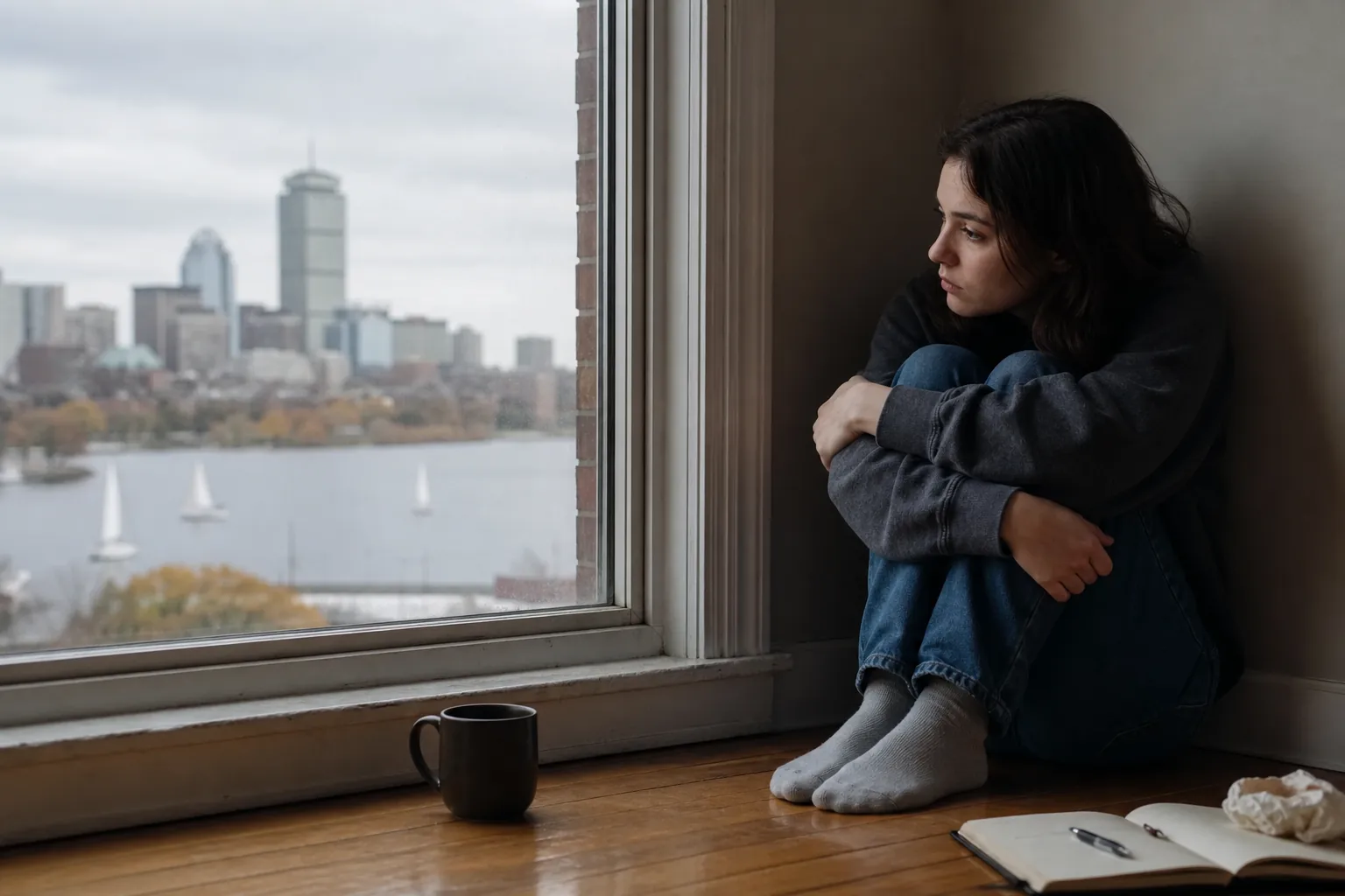 A distressed young woman sits curled up beside a window overlooking a river and city skyline, with a mug and notebook nearby.