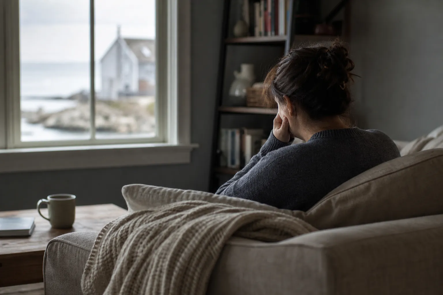A distressed person sits curled on a sofa, covering their face while looking toward a window in a dim living room.