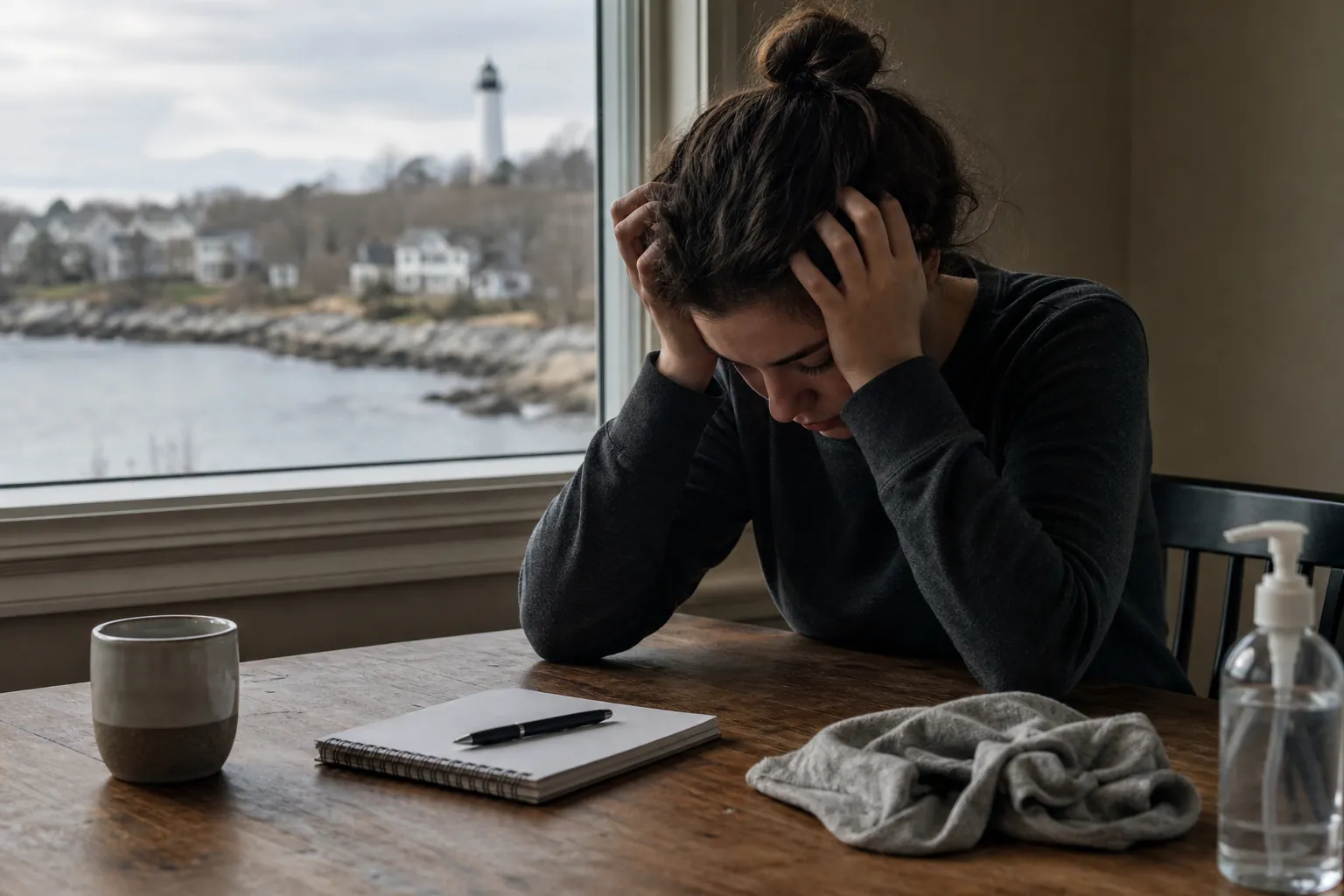 Distressed woman holding her head at a table with a notebook, cloth, soap dispenser, and coastal view outside