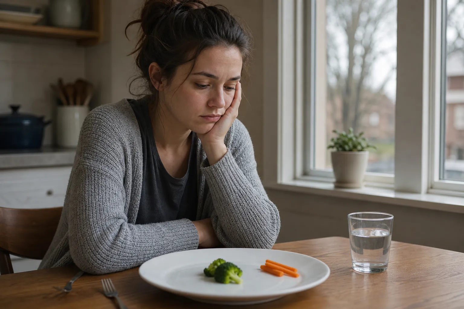 Woman Looking Down at a Small Plate of Vegetables A woman rests her cheek in her hand while looking down at a plate with broccoli and carrot sticks beside a glass of water.