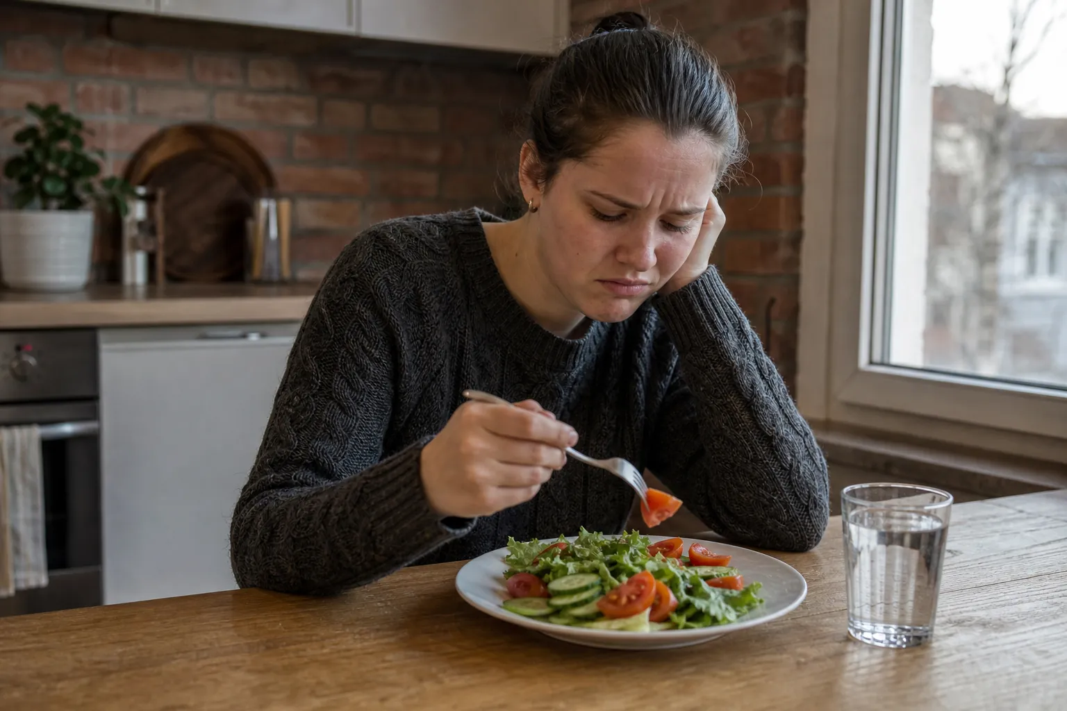 Woman Looking Uneasily at a Forkful of Salad A woman frowns at a forkful of tomato over a plate of salad, resting her head on one hand at a kitchen table.