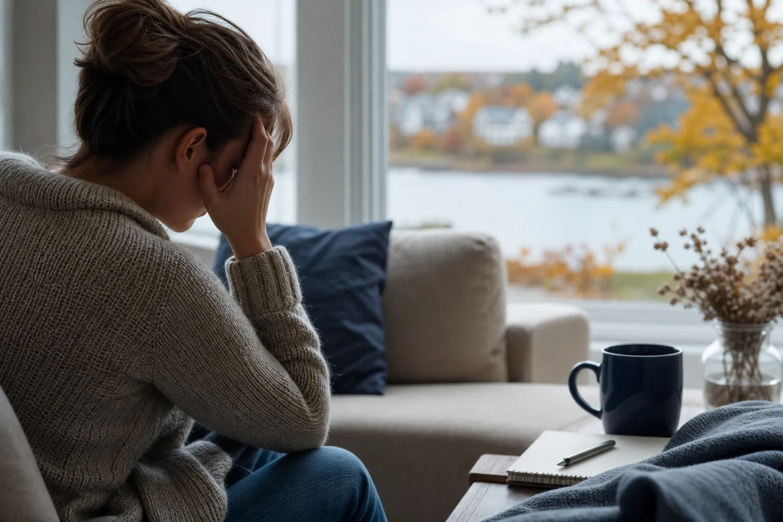 Distressed woman seated beside a notebook and mug A distressed woman sits with her face in her hands beside a blank notebook and mug in a quiet living room.